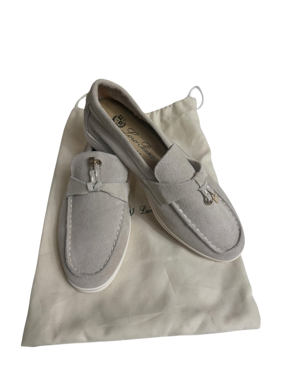 Loro Piana Suede Loafers in Light Gray with charms size 38-US 7.5